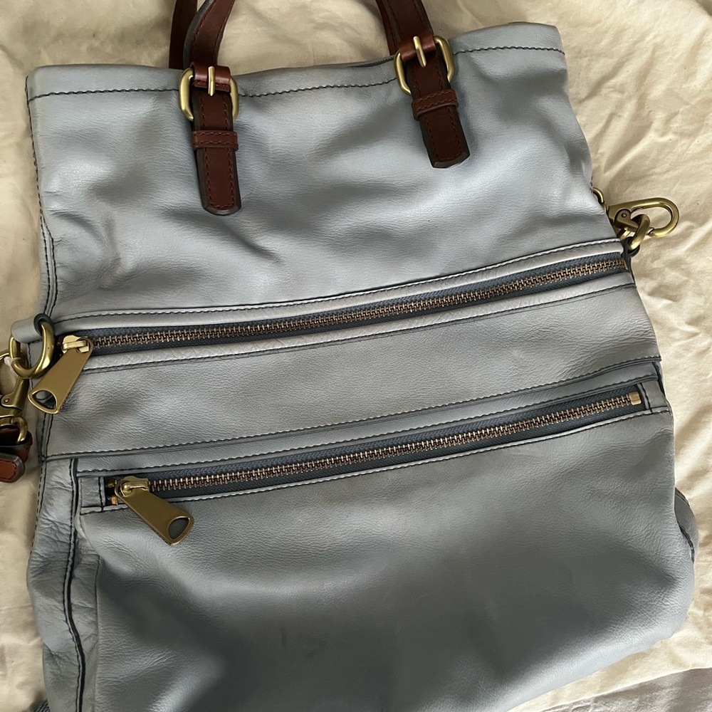 Fossil Light Blue Crossbody Bag with Brown Accents